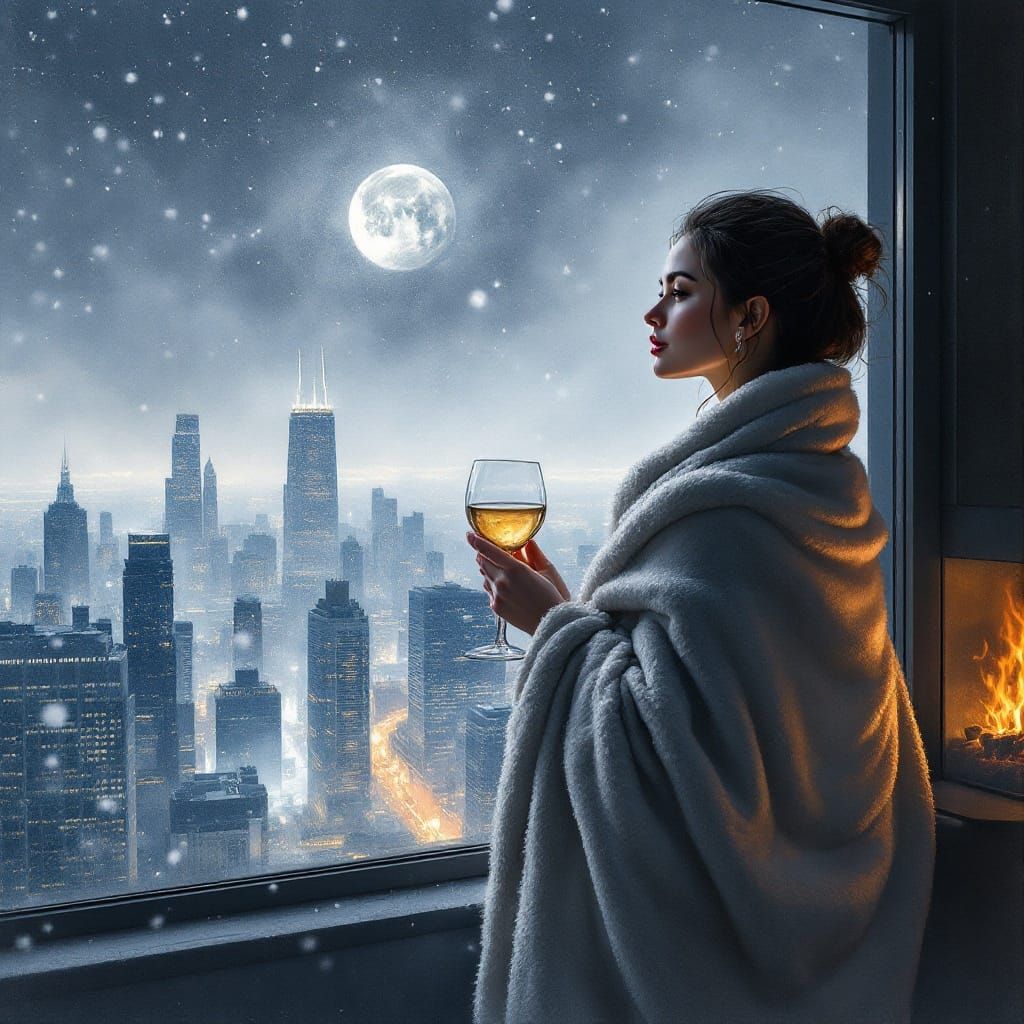 Woman Wrapped in Plush Blanket Contemplates Night Sky in Chi...