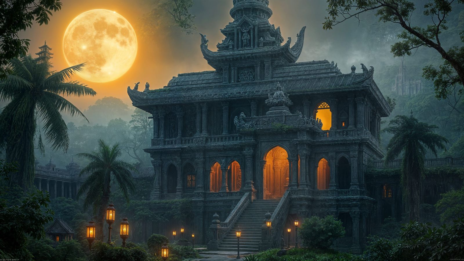 Ancient Temple in Misty Jungle Under Full Moon