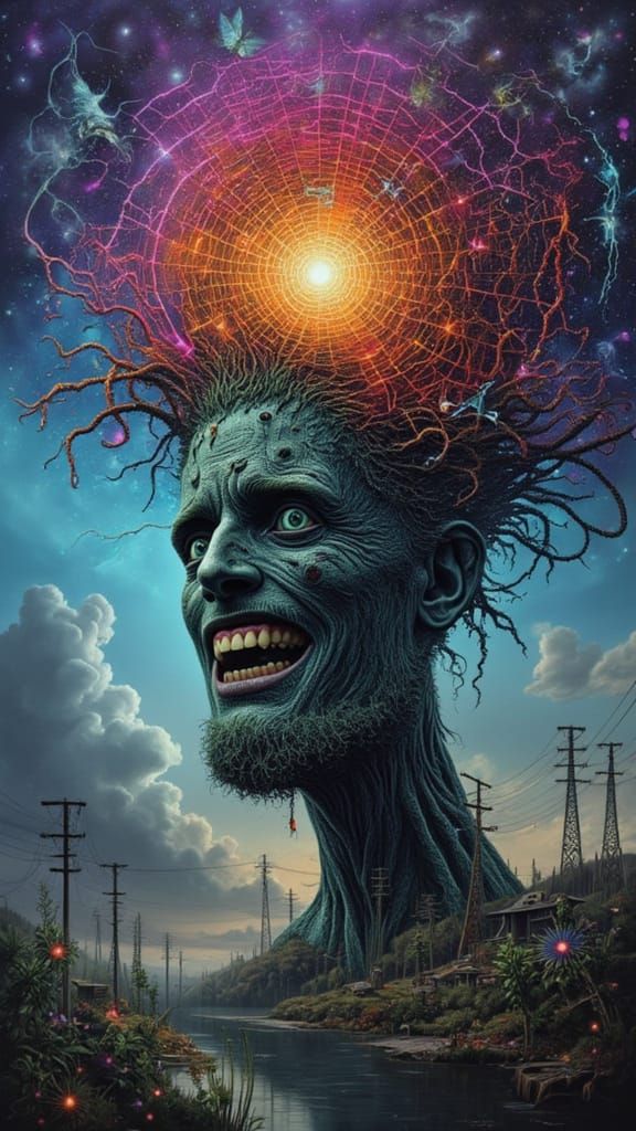 Fractal Mindscape: Angelic Man with Drip and Electric Trees