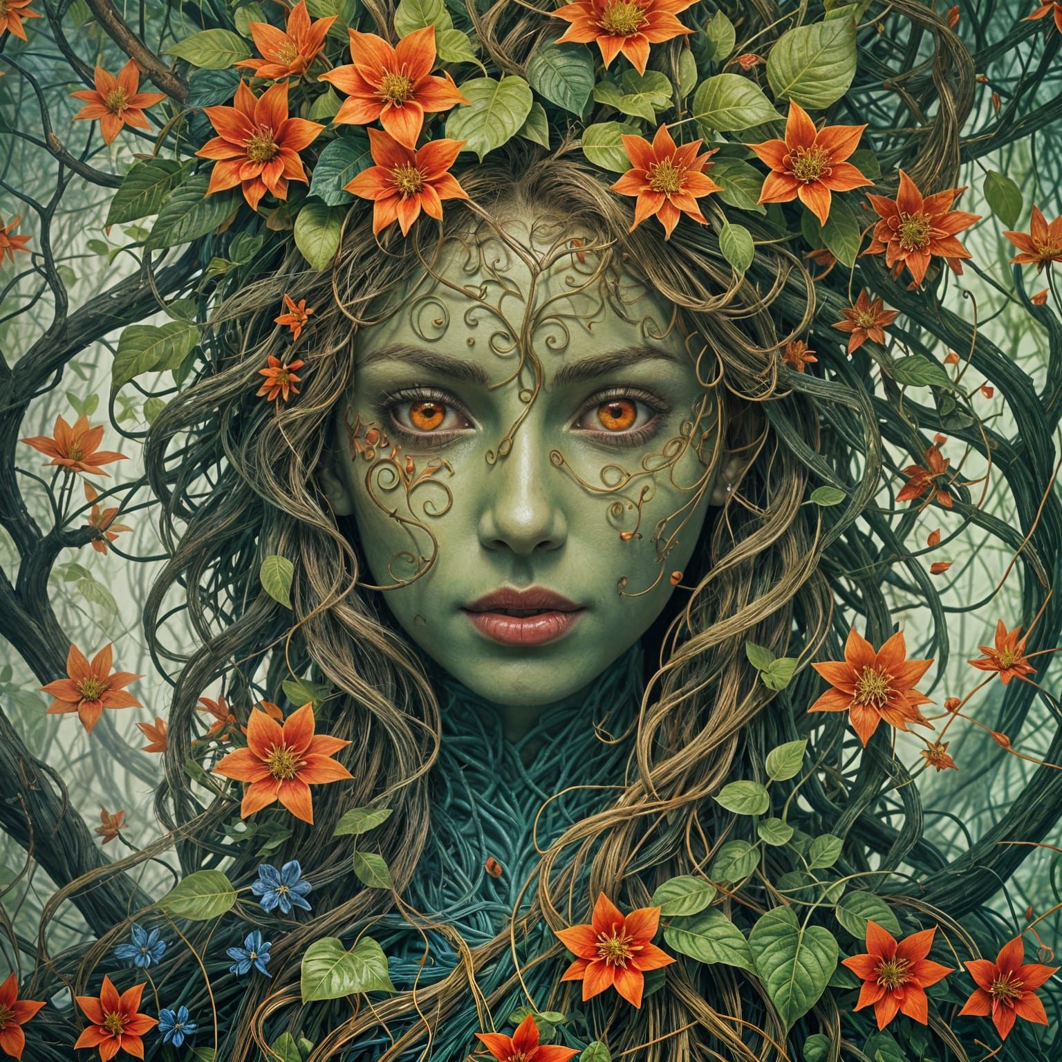 Abstract Humanoid Vine Creature with Red Flowers