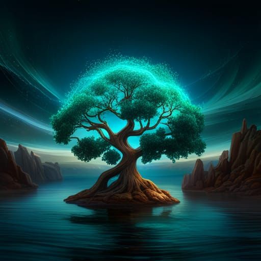 Fantasy Tree with Turquoise Lights, Detailed Matte Painting