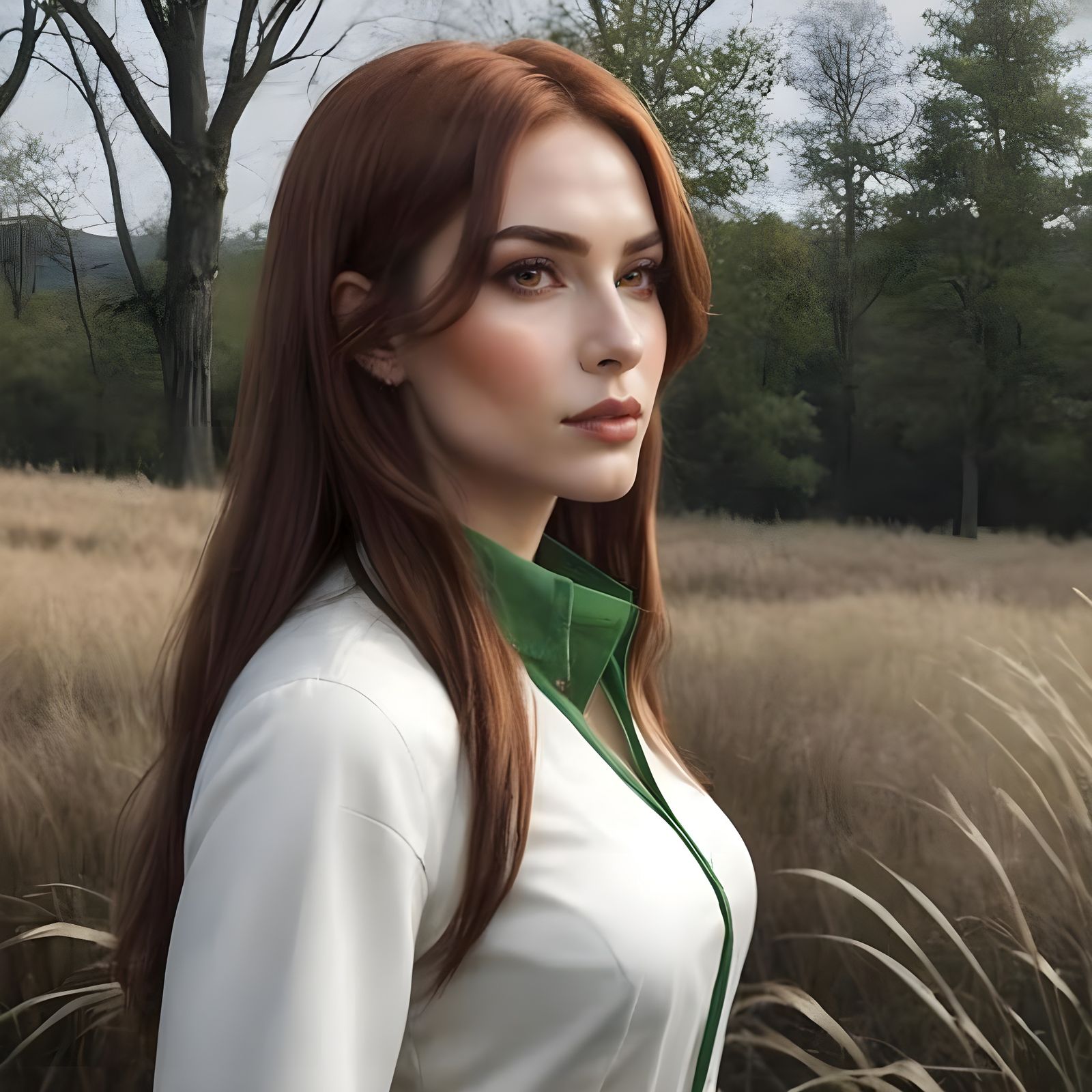 Enigmatic Young Woman with Chestnut Hair and Brown Eyes