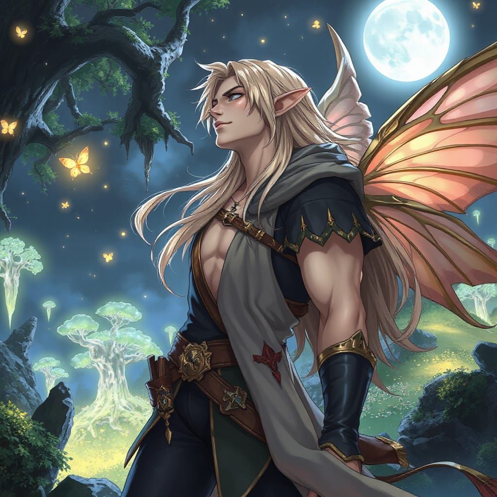 Fantasy Elf with Fairy Wings in Enchanted Forest