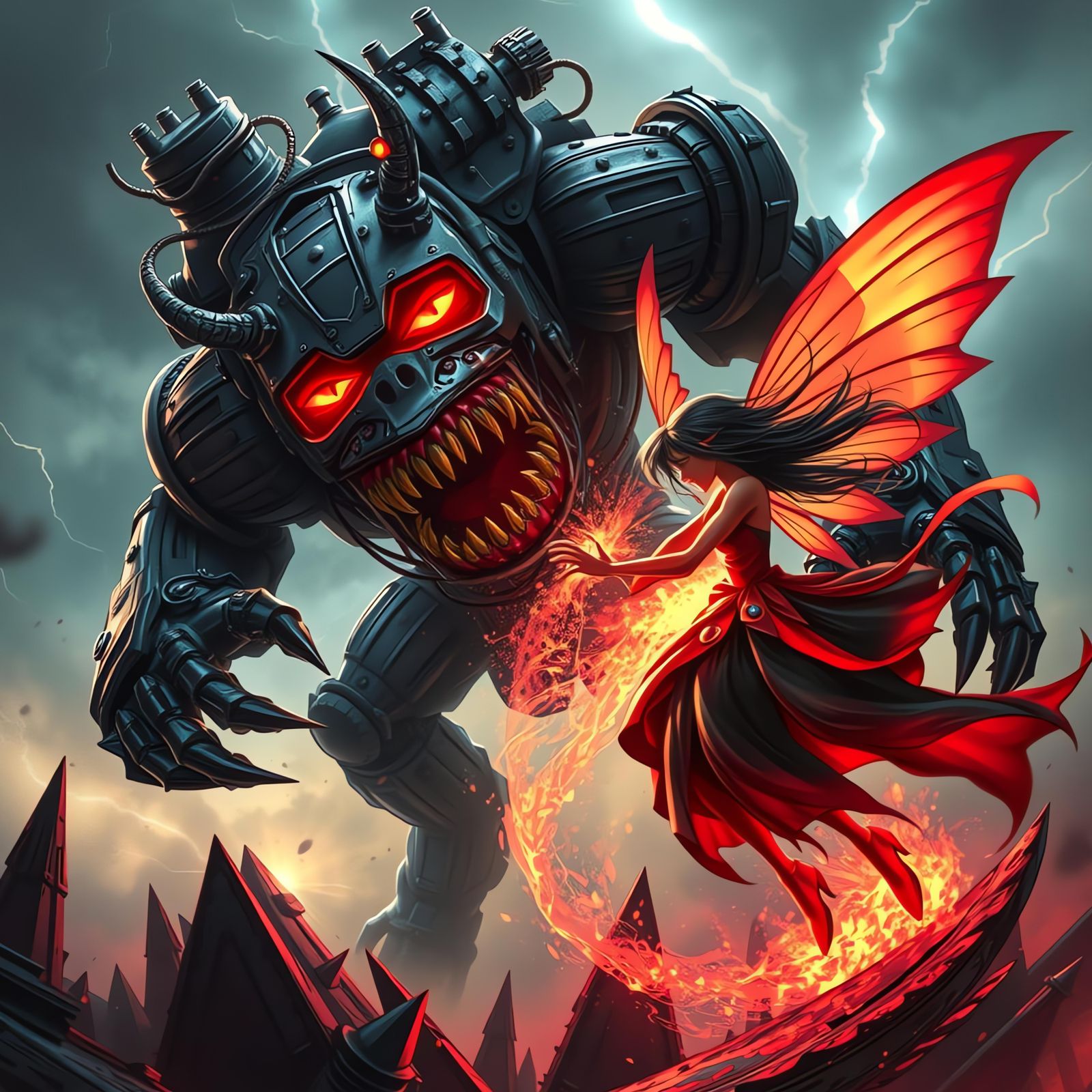 Mechanical Monster Battles Neon Fairy in Digital Art