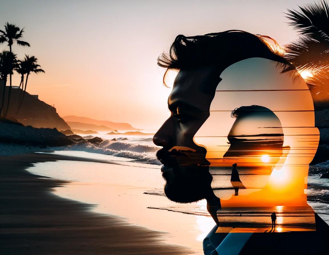 Double Exposure: Man and Sunset Beach Portrait