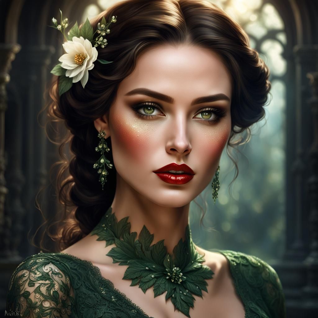Dreamlike Portrait of a Brunette Woman with Green Eyes