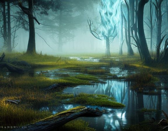 Mystic Blue Flames in Bioluminescent Marsh