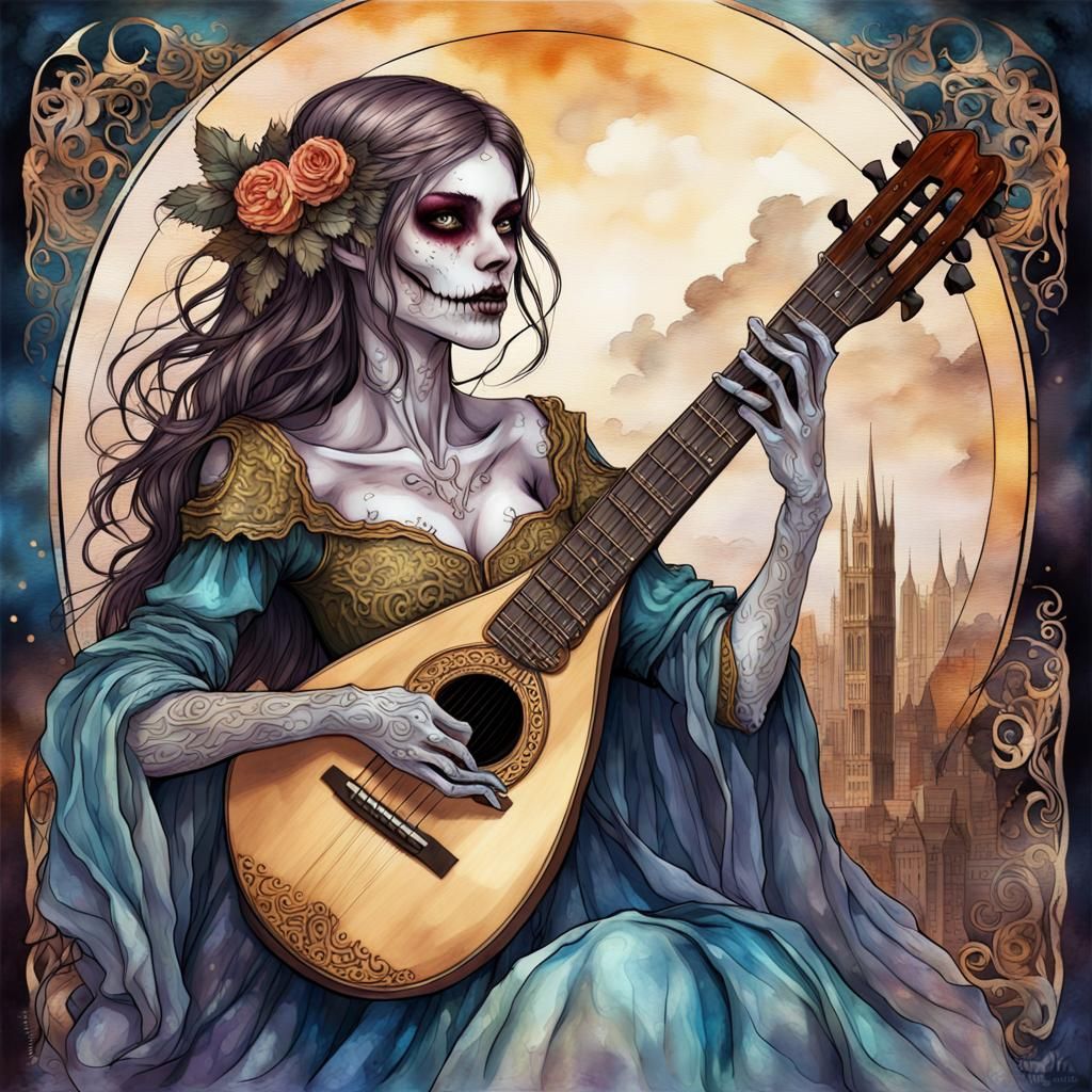 Female Undead Bard Playing Lute in Alcohol Ink Style