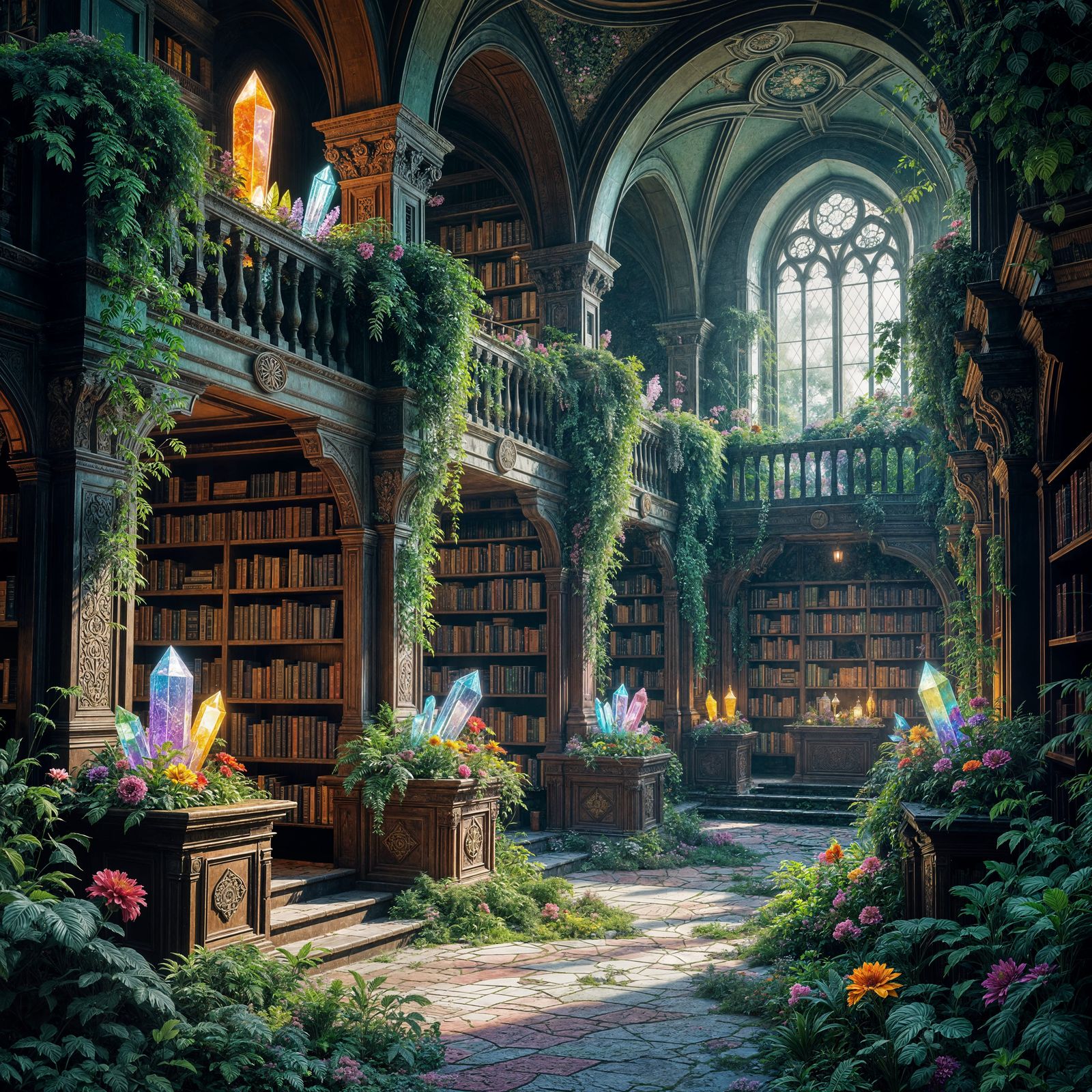 Overgrown Vintage Library with Glowing Crystals