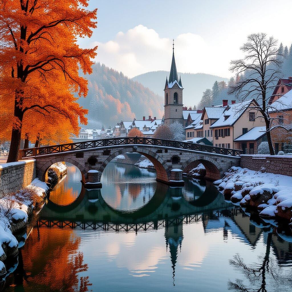 Autumn Stone Bridge in Snow with Bell Tower