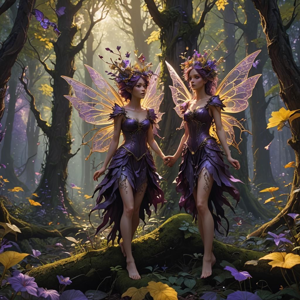 Fairies in a Detailed Forest, Dark Fantasy Art