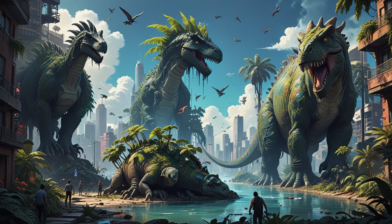 Dinosaurs Roam Vibrant City Streets in Splendid Street Art