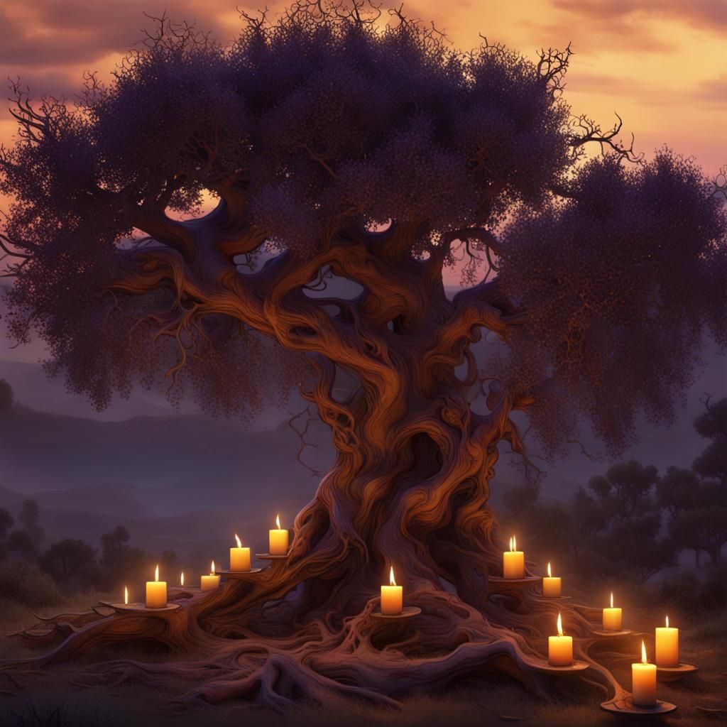Candles in Wind Against Gnarled Olive Tree at Sundown