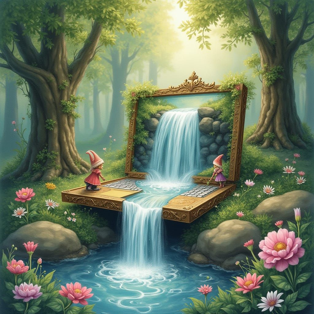 Enchanted Laptop Waterfall in Fairy Forest: Watercolor Art