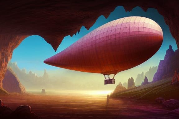 Blimp in Cavern: Fantasy Cinematic Concept Art
