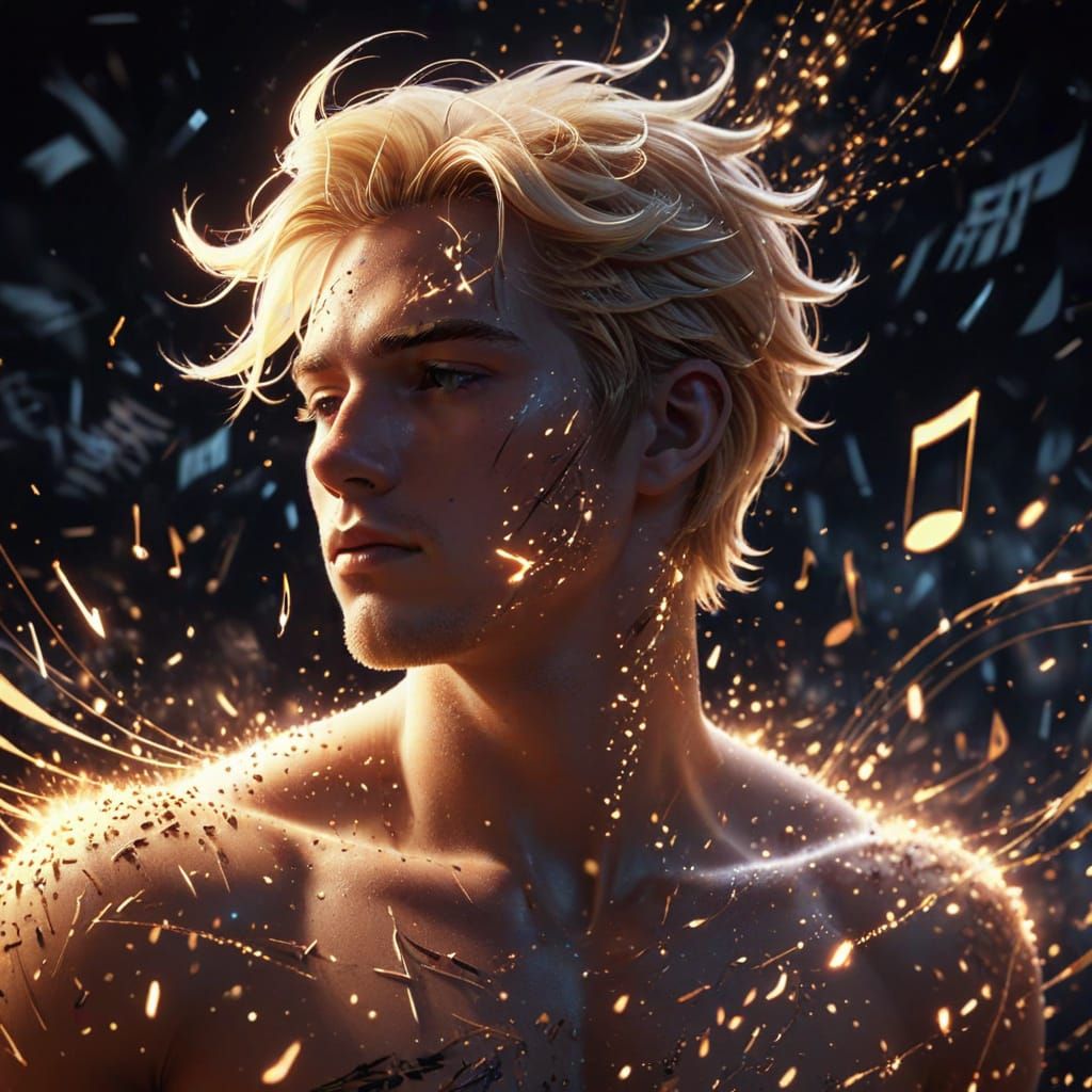 Blonde Young Man Surrounded by Musical Tornado