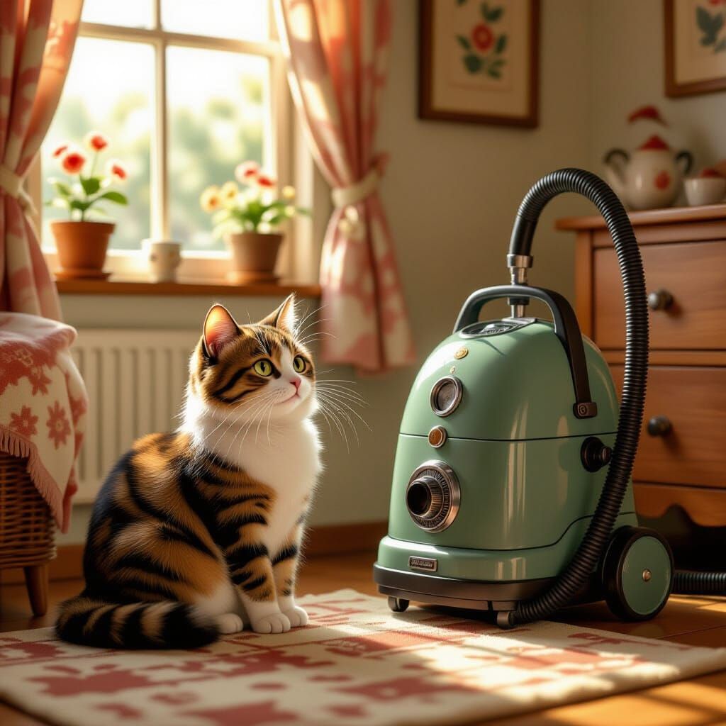 Curious Cat by Vintage Vacuum in Cozy Room
