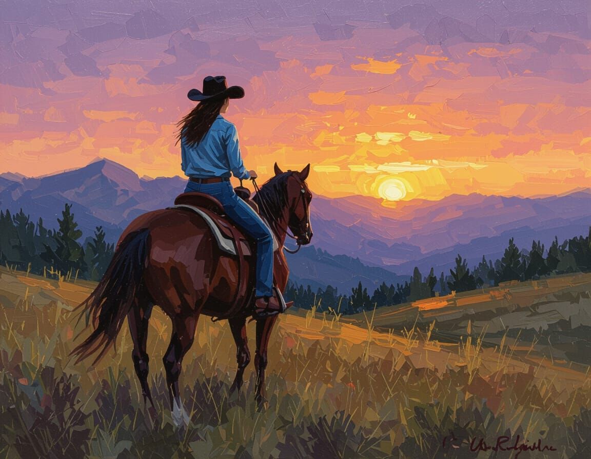 Cowgirl Sunrise Ride: Impressionistic Oil Painting