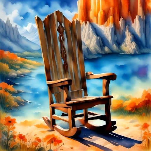Rustic Rocking Chair on Cottage Porch in Watercolor Style