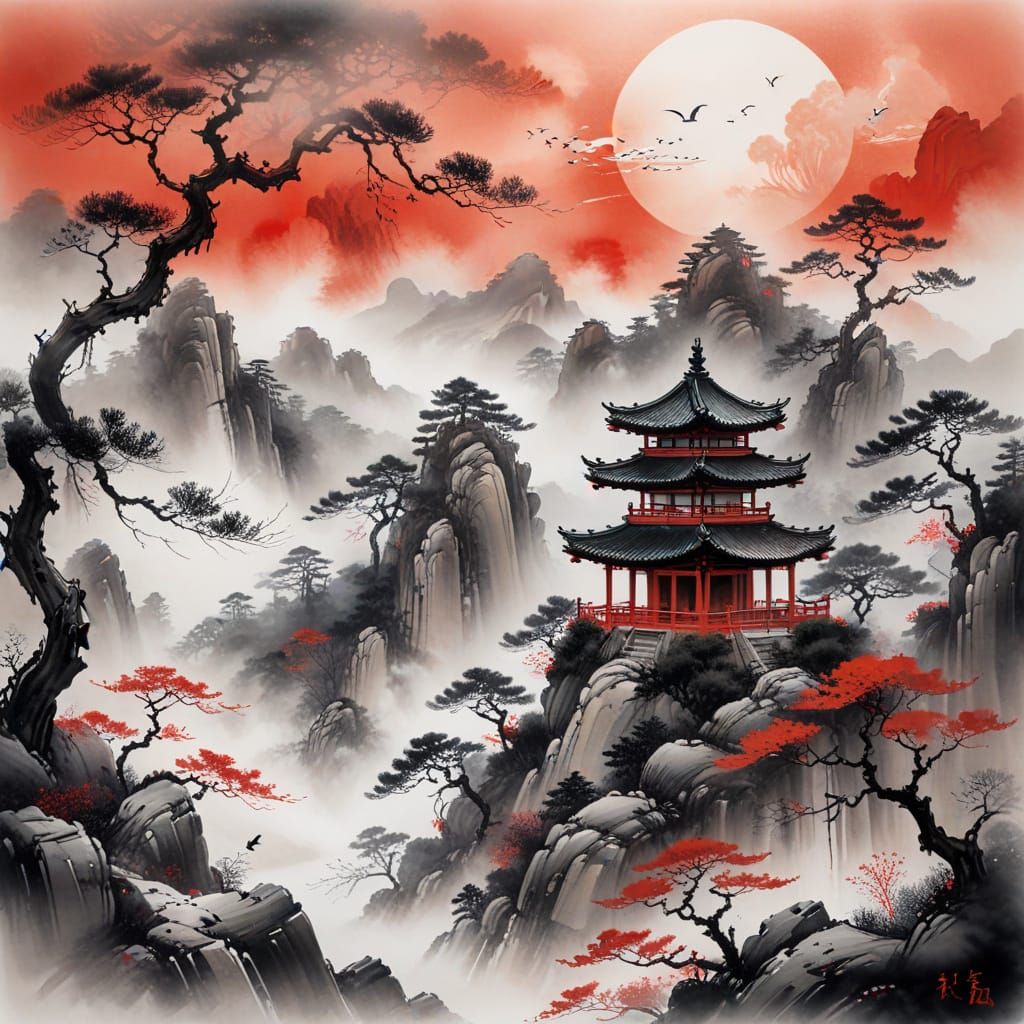 Ancient Pavilion in Ink Painting Style