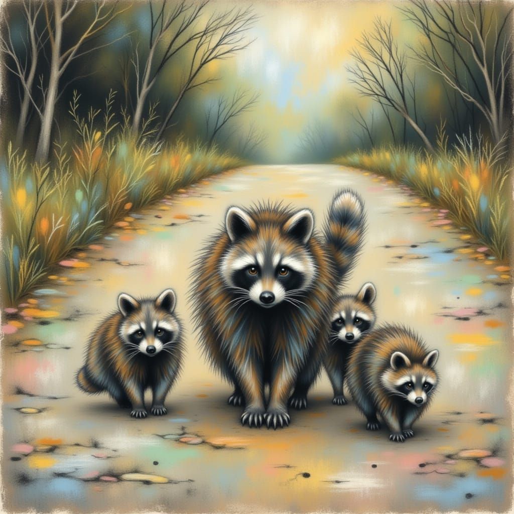 Raccoon Family Crossing Road in Chalk and Dry Brush Style