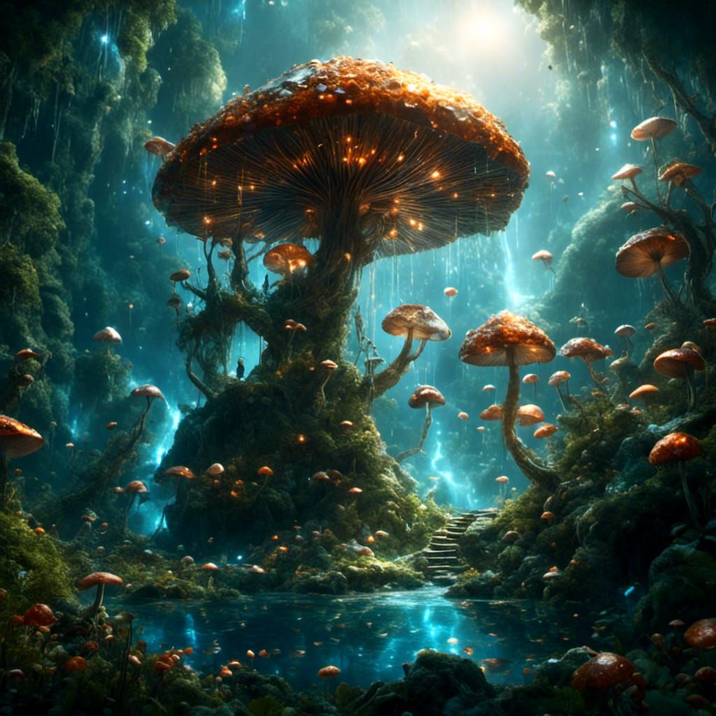 Enchanted Mushroom House with Fairies in Magical Forest