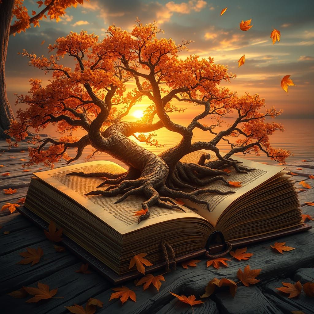 Magical Ancient Tome With Tree and Sunset