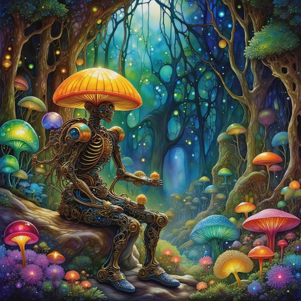 Steampunk Automaton Tends Bioluminescent Fungi Cavern