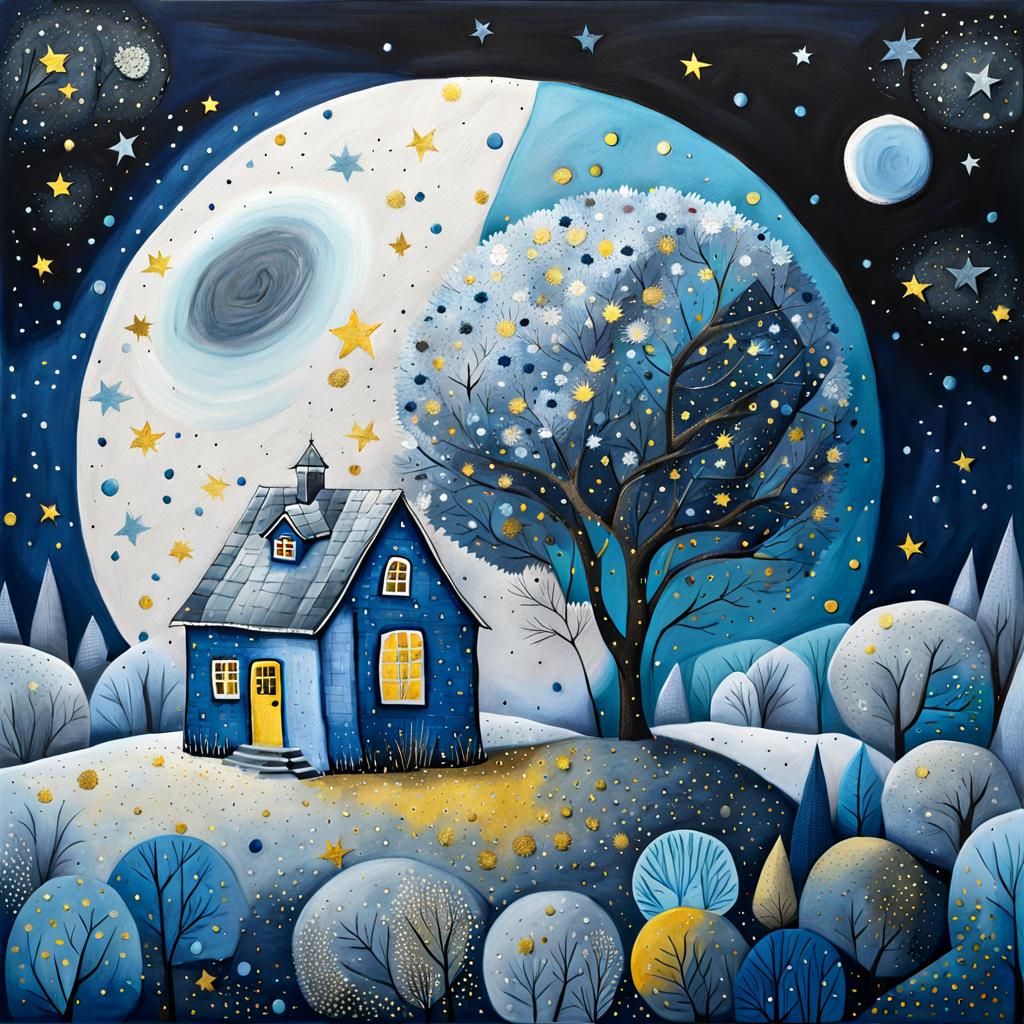 Blue Lunar Landscape in Art Brut Style