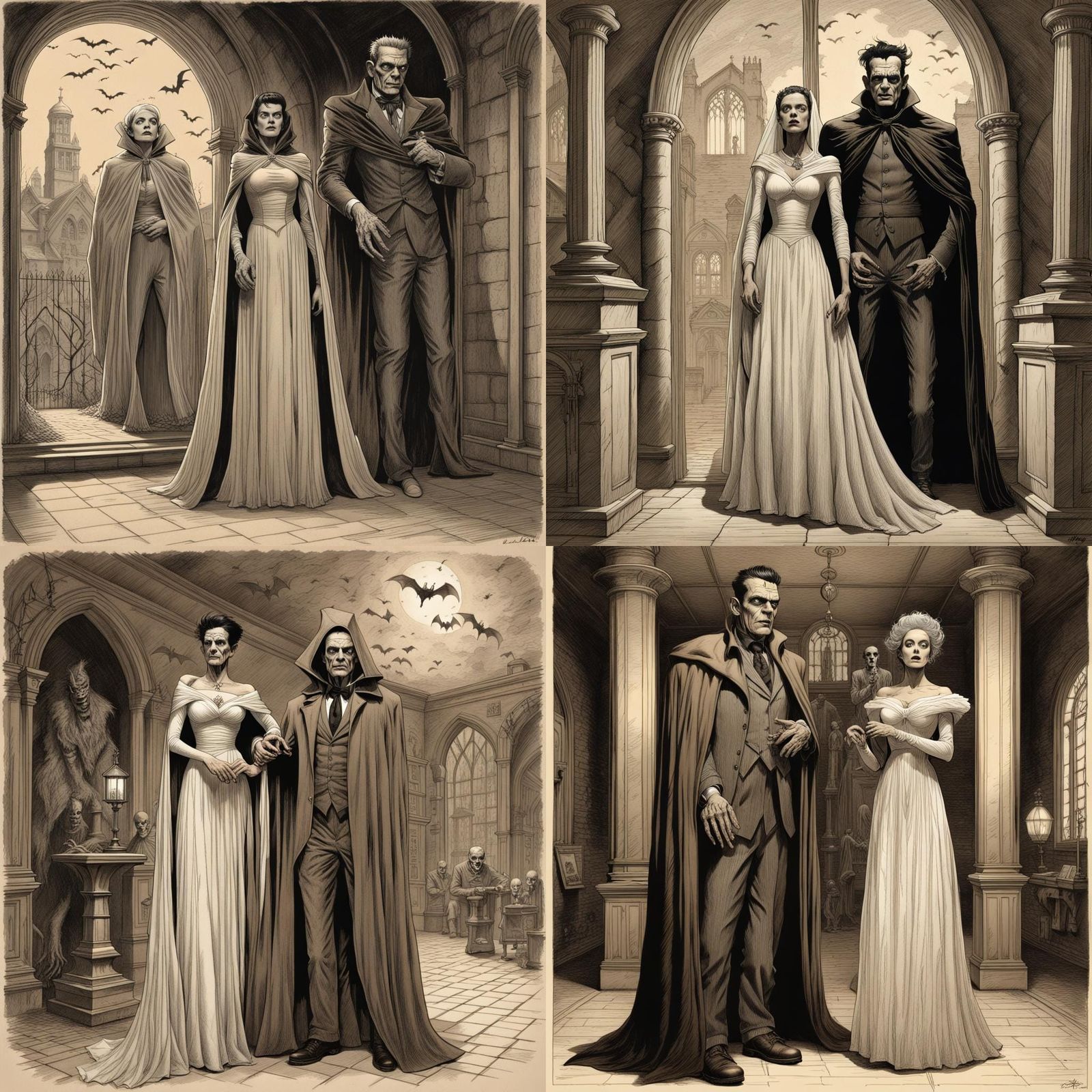 Frankenstein and Bride: Sepia-toned Gothic Etching