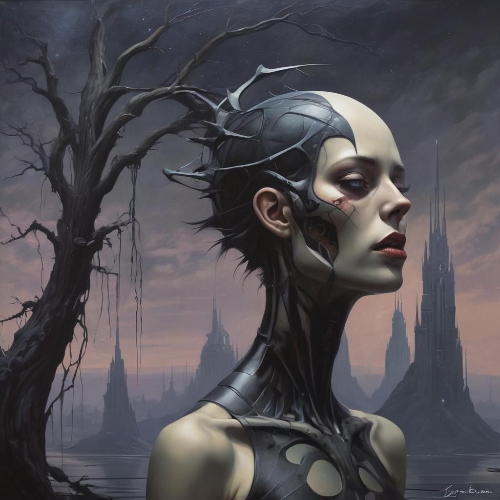 Dark Gothic Sci-Fi Painting in Jim Burns Style