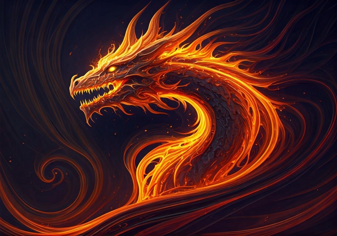 Swirling Fire Dragon in Biomechanical Surrealism