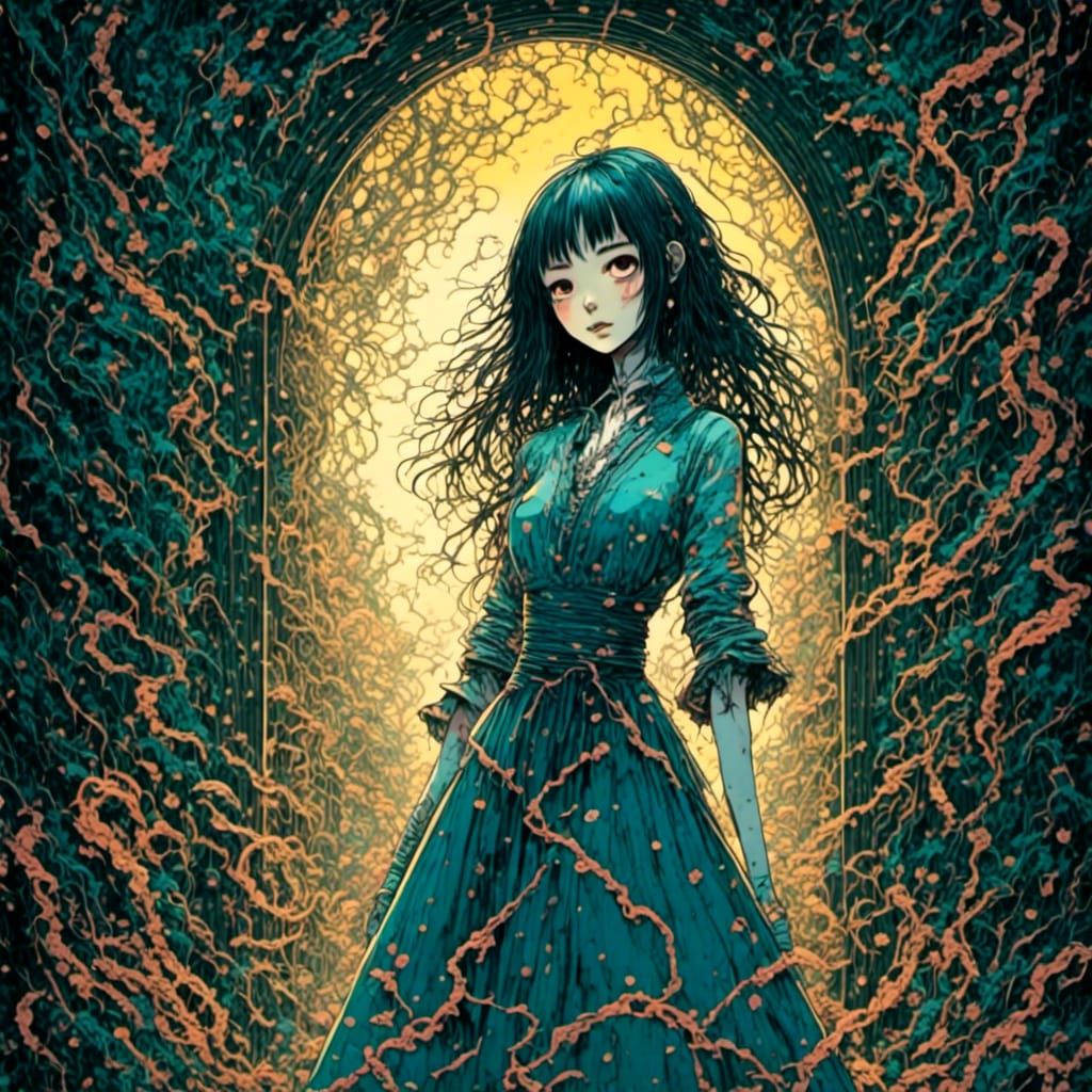 <lora:Insidious:1.0> Sunlit Nightmarescape ,Hitoshi Iwaaki-inspired manga, Blindfolded character in a labyrinth of float...