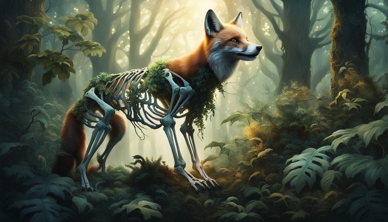 Magical Fox Skeleton Howling in Forest