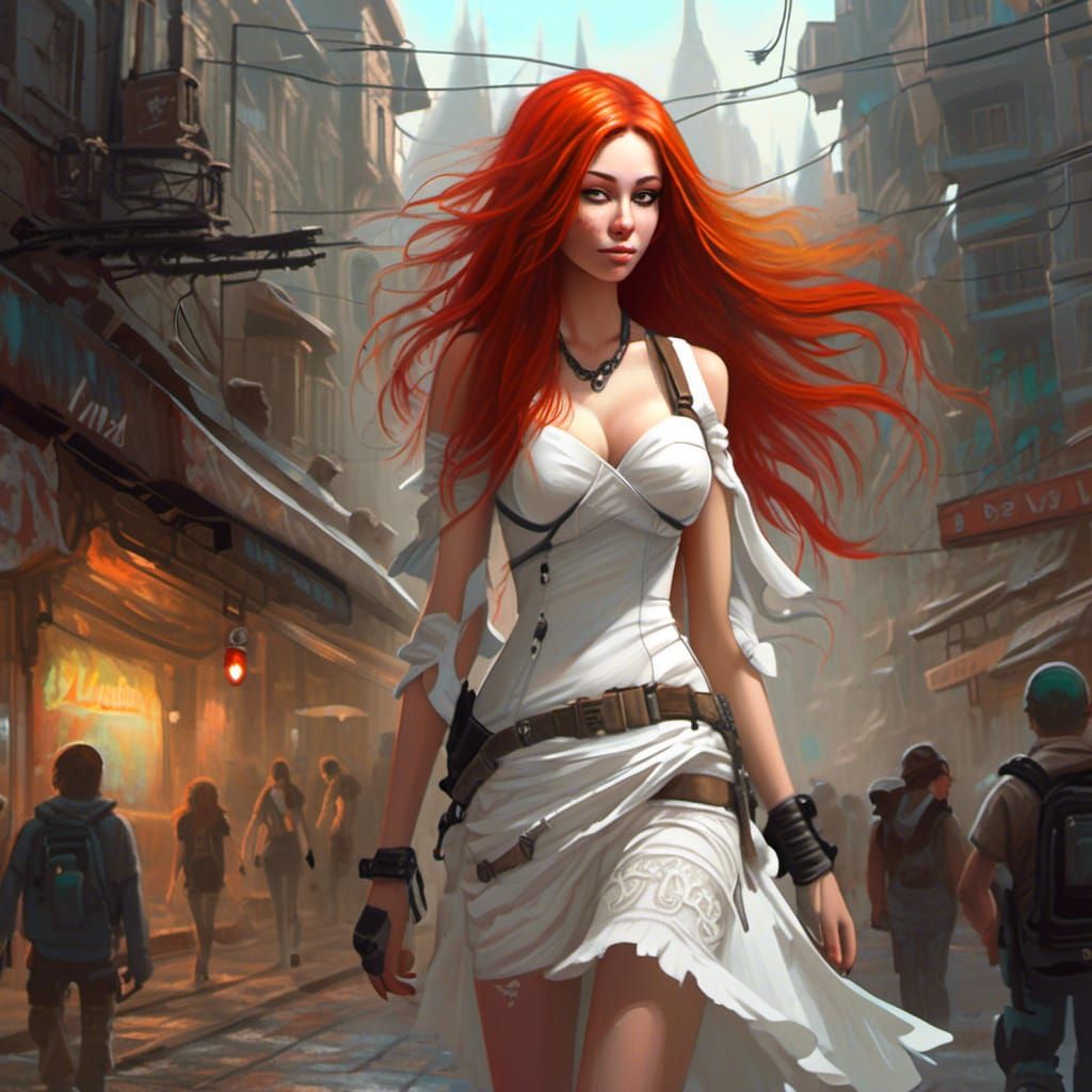 Red-Haired Woman in Post-Apocalyptic City, Gothic Art