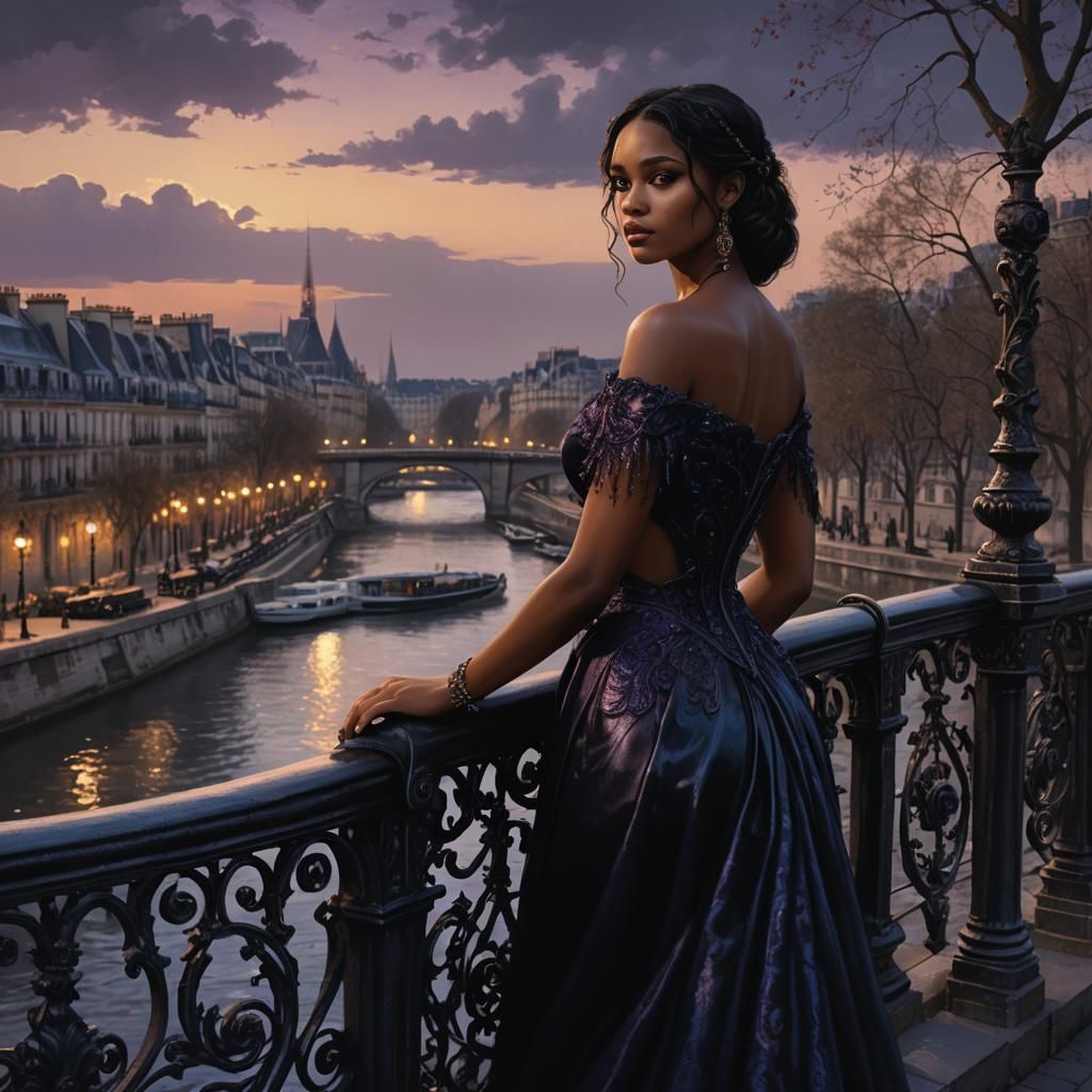 Colombiana Overlooking Paris in Dark Fantasy Style