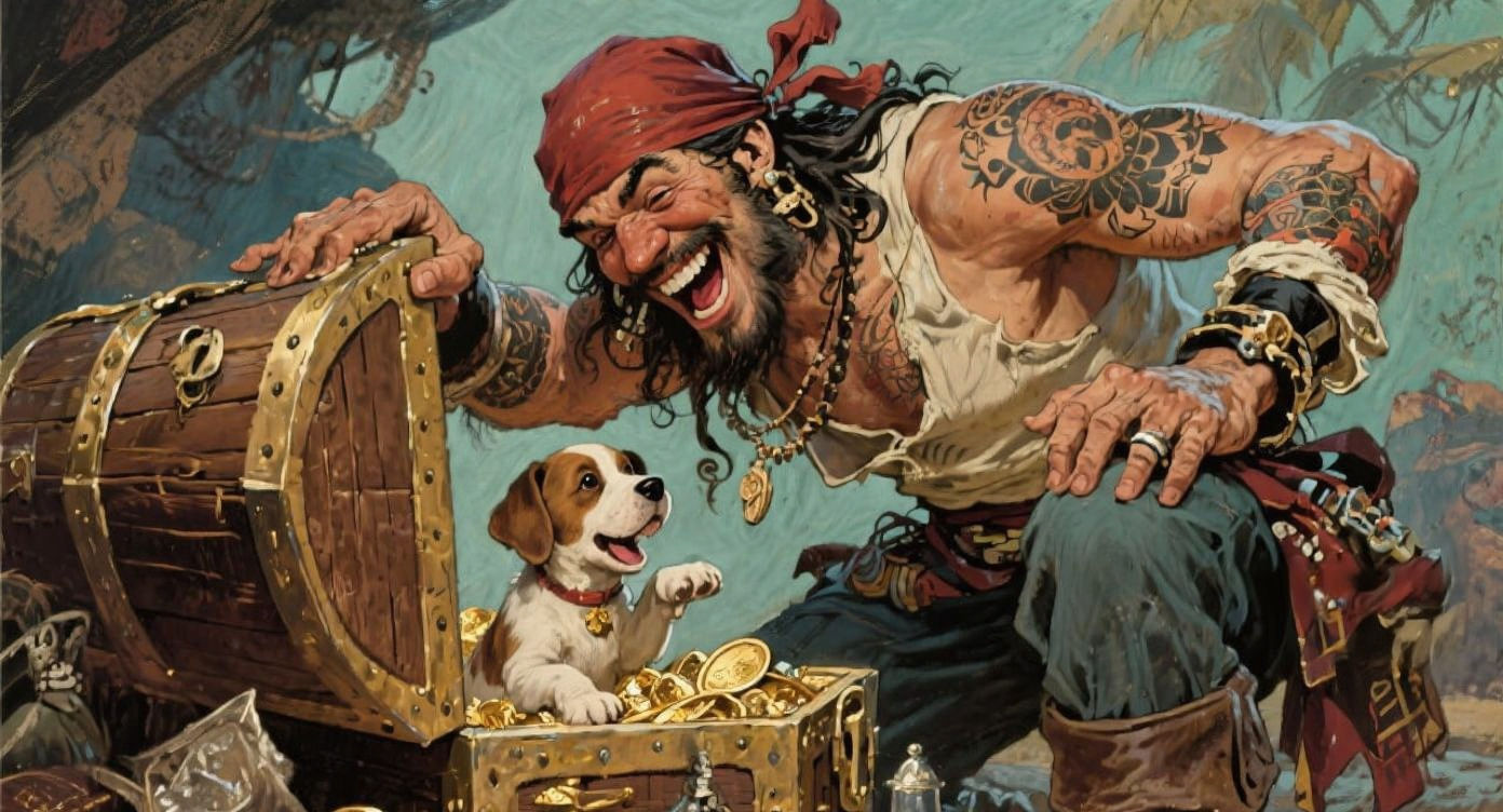 Joyful Pirate Finds Puppy Treasure, Fantasy Art