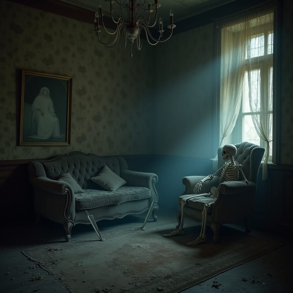 Haunted Living Room with Skeleton and Ghostly Cockroaches