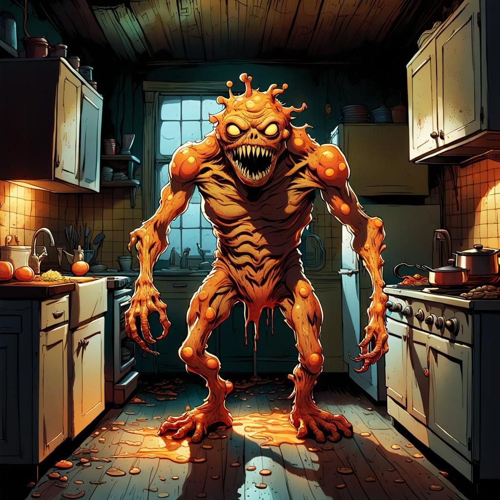 Grotesque Cheese Monster in Dimly Lit Kitchen