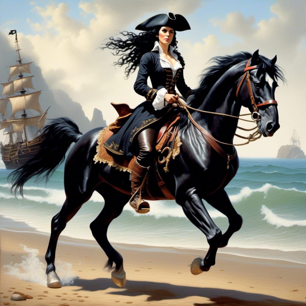 Pirate Woman on Horseback, Oil Painting