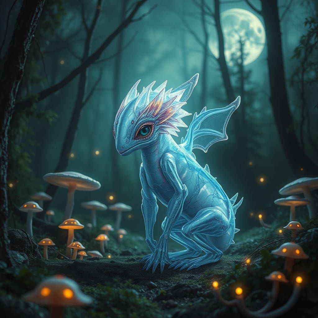 Iridescent Crystal Creature in Neon Forest