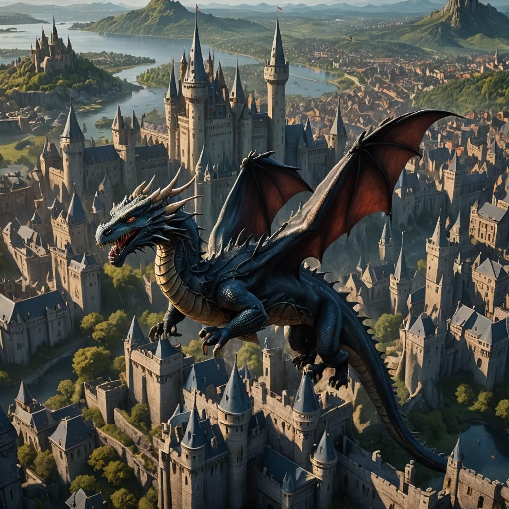 Dragon Overlooking Castle City in Matte Painting Style