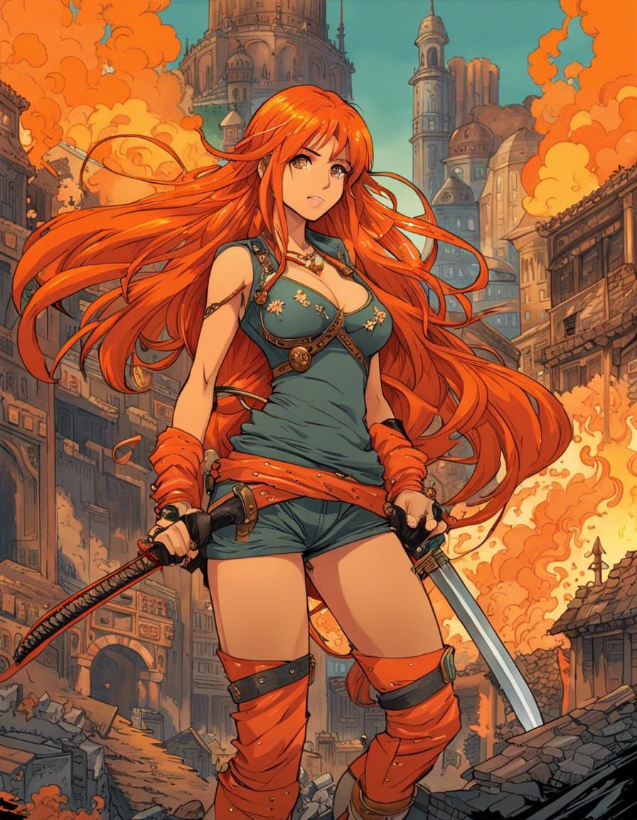 Anime hyper detailed, Anime female ,fighting pose, holding a katana,bandana in long orange hair, big detailed manga eyes...