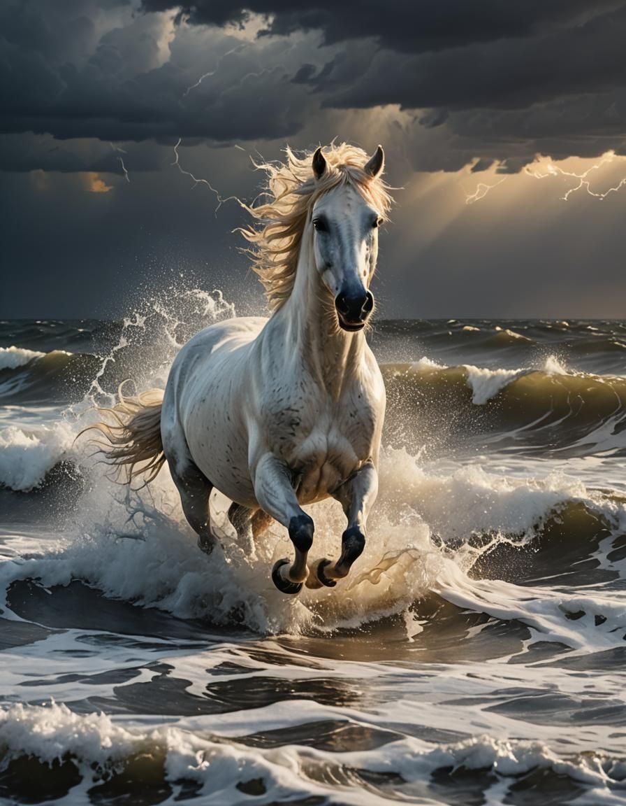 Impressionistic White Horse in Stormy Ocean at Golden Hour