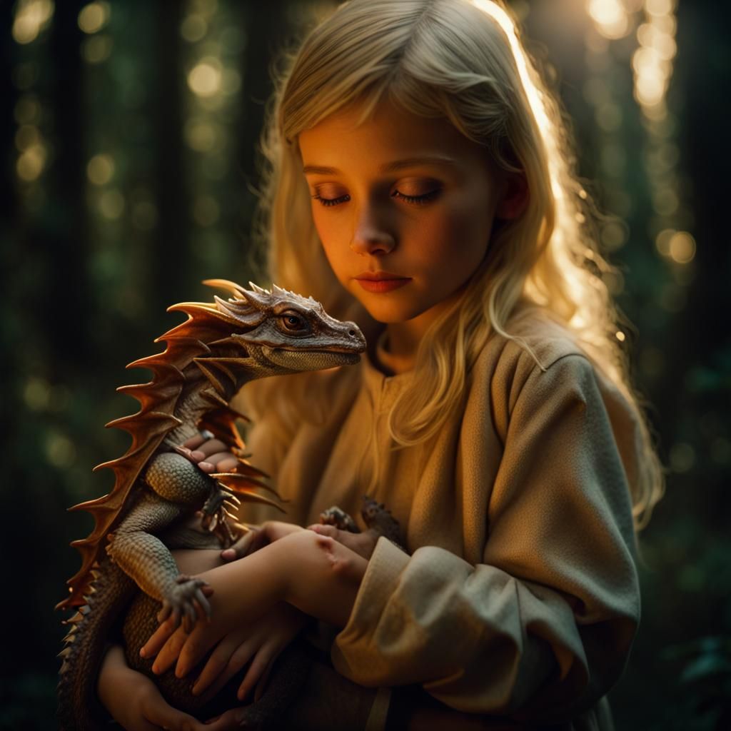 Girl and Dragon in Mystical Forest: Cinematic Still