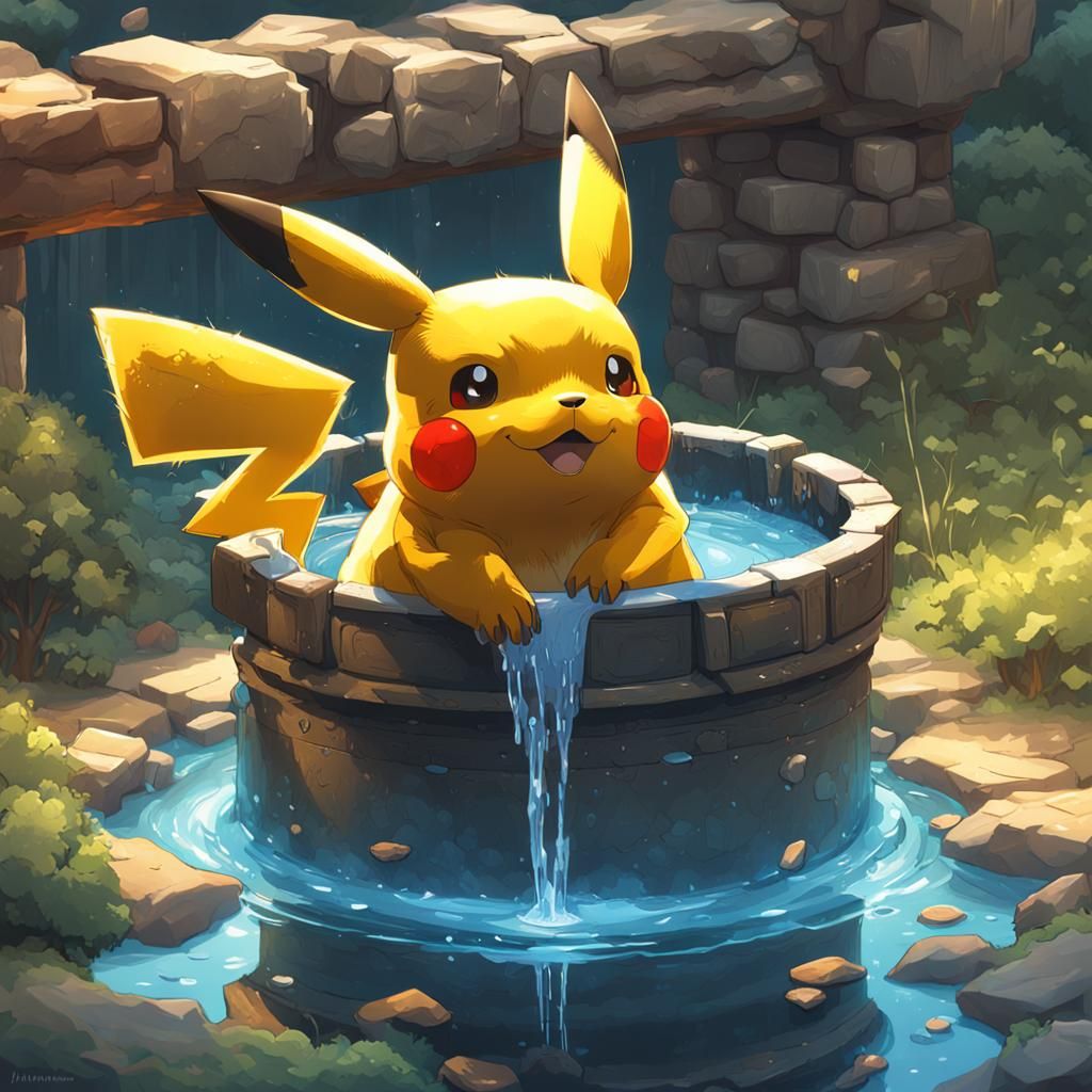 Pikachu Drinks From Well: Hyperdetailed Portrait