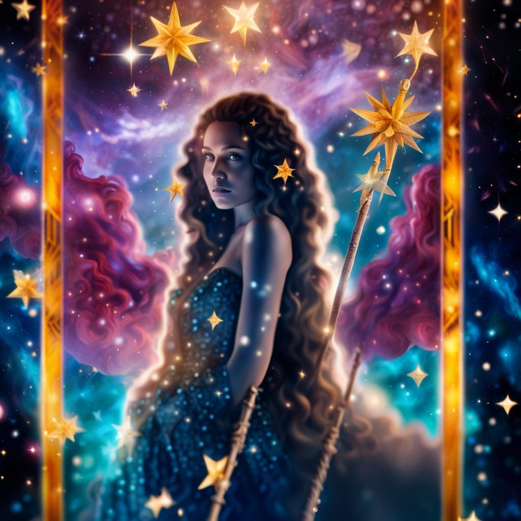 The Queen of Wands Tarot Card Floating in a Sea of Stars and...