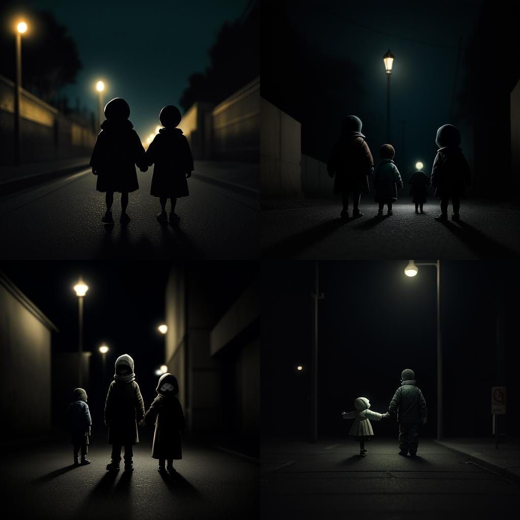Eerie Eyeless Children Approach Under Streetlights