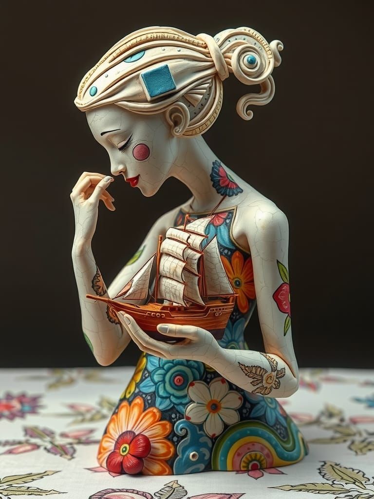 Cubist Ceramic Sculpture: Woman with Ship