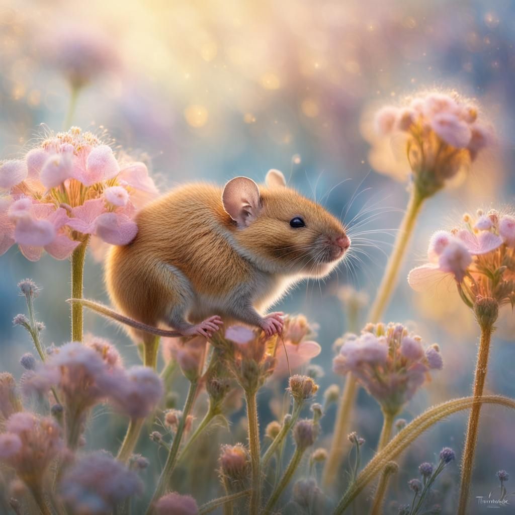 Harvest Mouse Sleeping in Dreamy Flower